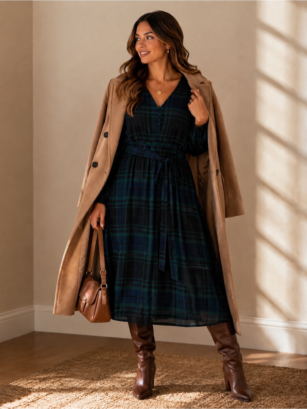 A New Day Green Navy Tartan Plaid Midi Dress Small Long Sleeve Tie Waist Lined